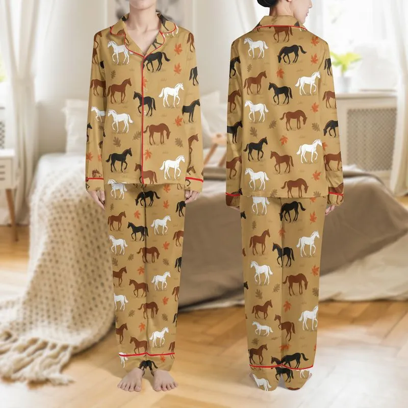 Horse Lovers' Rustic Autumn Pasture Horse Maple Oak Leaf Golden-Tan Pattern Satin Pajamas Set - 1