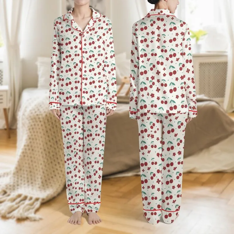 Women's Creamy Off-White Scattered Dark Red Cherry Teal Green Leaf Minimalist Floral Pattern Satin Pajamas Set - 1