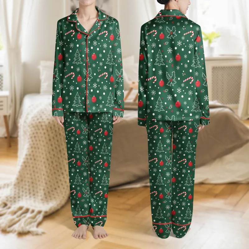 Women's Deep Forest Green Festive Snowflake Candy Cane Holly Ornament Pattern Satin Pajamas Set - 1