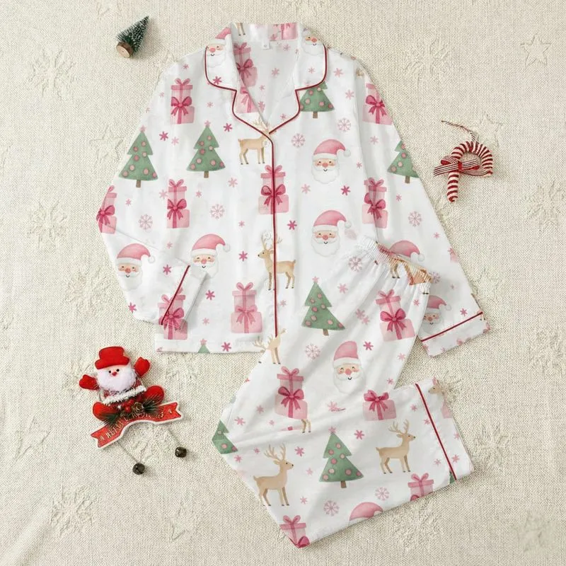 Festive Adults' Blush Pink Fuchsia Whimsical Watercolor Santa Reindeer Gift Box Snowflake Pattern Satin Pajamas Set - 1