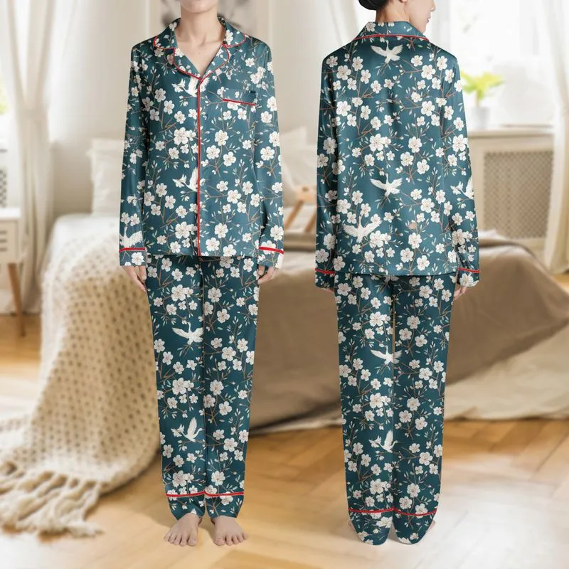 Women's Deep Teal Illustrative White Cherry Blossom Rust Branch Crane Flight Pattern Satin Pajamas Set - 1