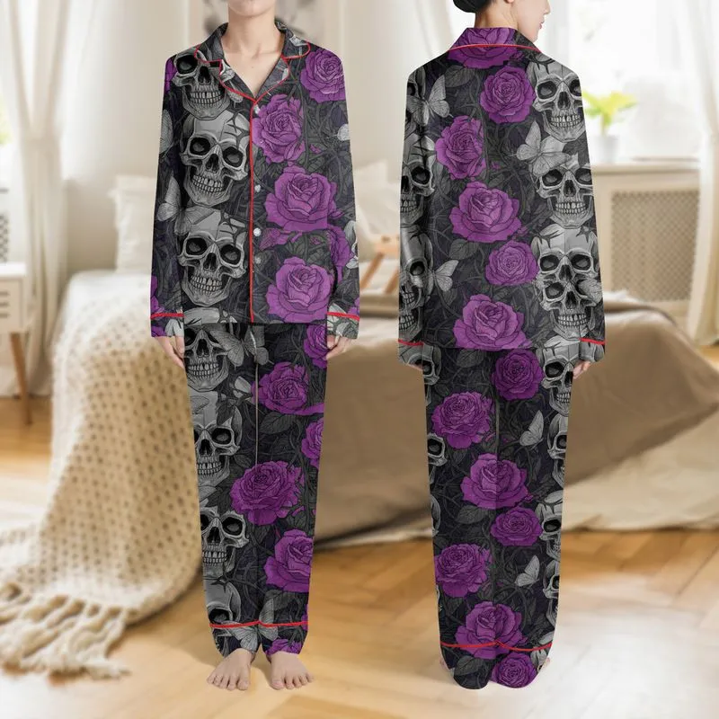 Women's Macabre Romantic Silver Skull Amethyst Rose Thorny Vine Butterfly Design Satin Pajamas Set - 1