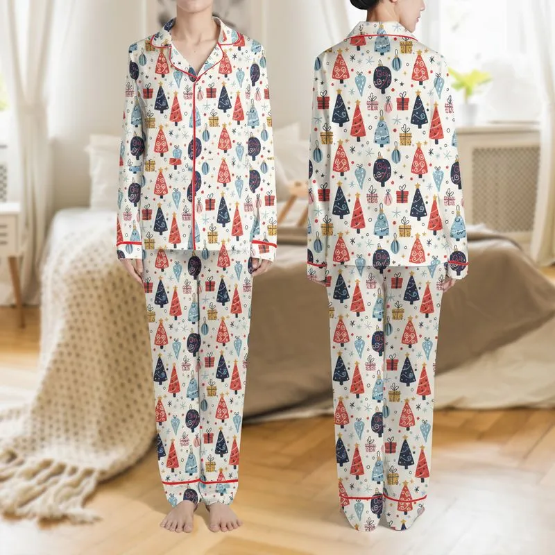 Women's Whimsical Hand-Drawn Christmas Trees Ornaments Gifts Pattern Festive Red Blue Yellow Palette Satin Pajamas Set - 1