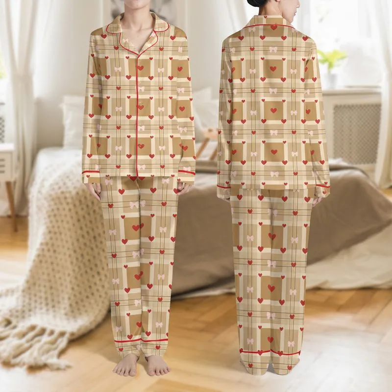 Women's Warm Beige Brown Tartan Plaid Adorned with Red Hearts & Soft Pink Bows Satin Pajamas Set - 1