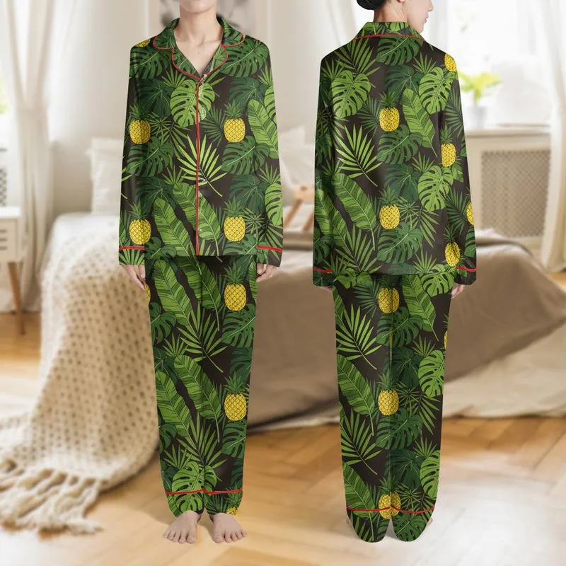 Women's Bold Deep Brown Tropical Yellow Pineapple & Green Monstera Leaf Pattern Satin Pajamas Set - 1