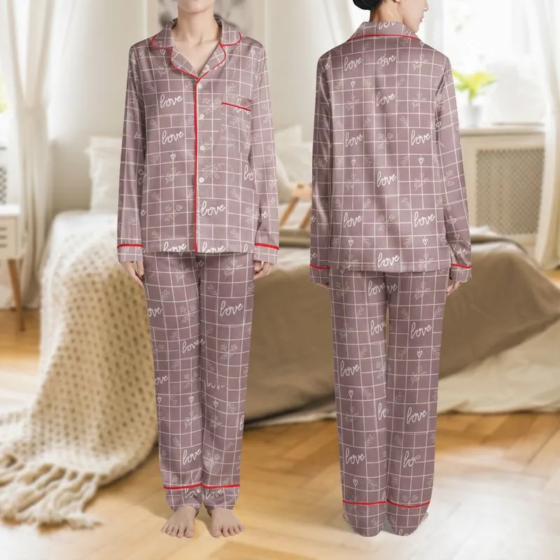 Women's Gentle Dusty Pink White Plaid Hand-Drawn Love Script Hearts Floral Design Satin Pajamas Set - 1