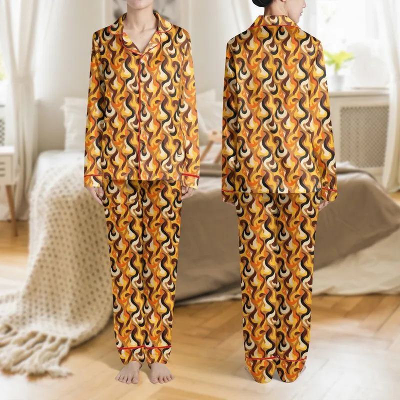 Women's Abstract Fiery Orange Golden Yellow Flame Swirls Chocolate Brown Beige Blocks Seamless Pattern Satin Pajamas Set - 1