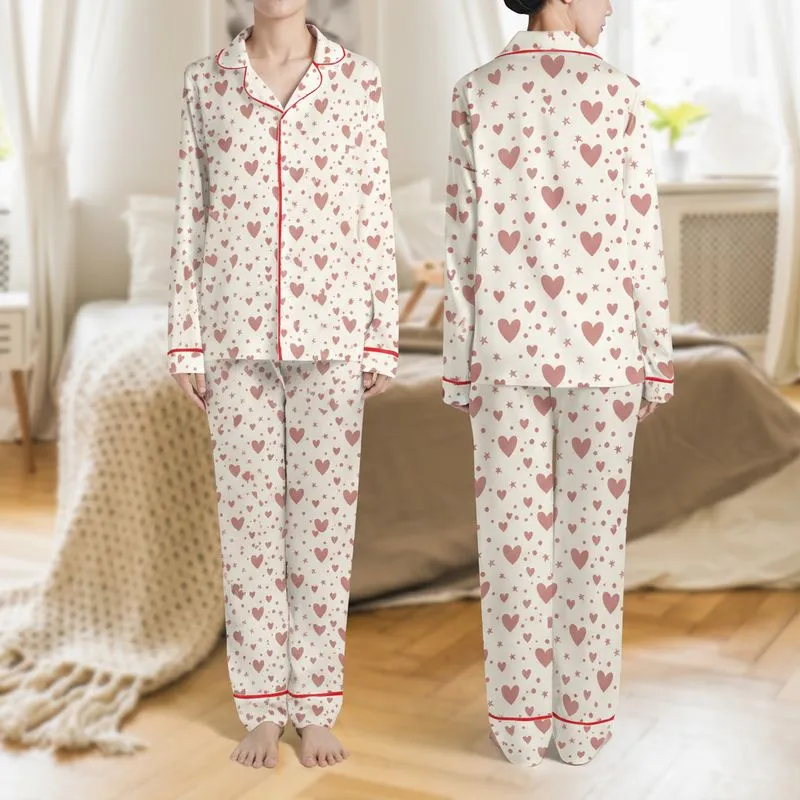 Women's Sweet Cream Dusty Rose Pink Scattered Hearts Dots Stars Pattern Satin Pajamas Set - 1