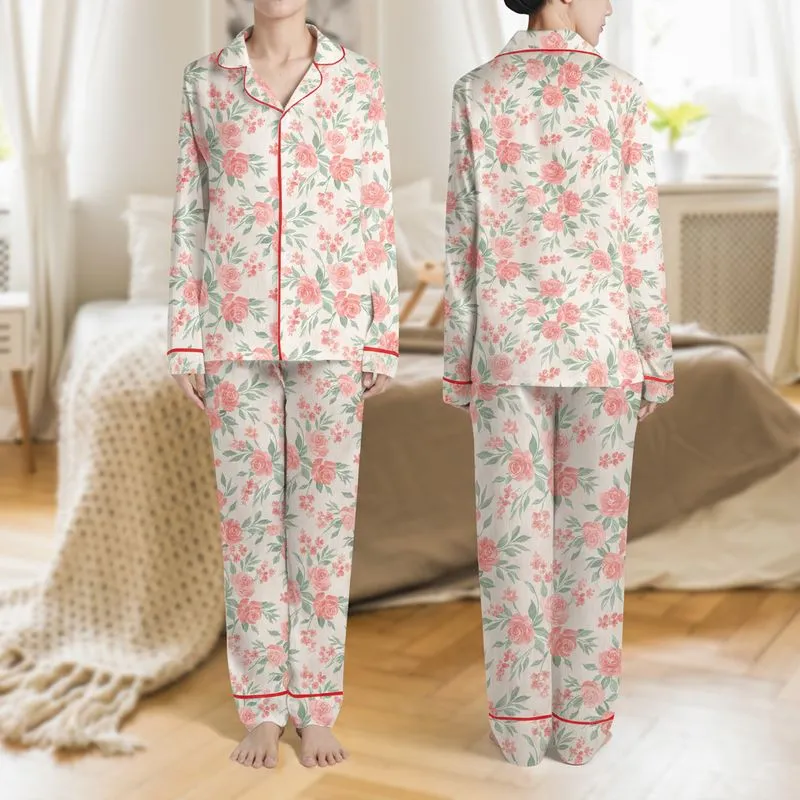 Women's Soft Pink Peach Watercolor Rose Floral Sage Green Stripe Pattern Satin Pajamas Set - 1