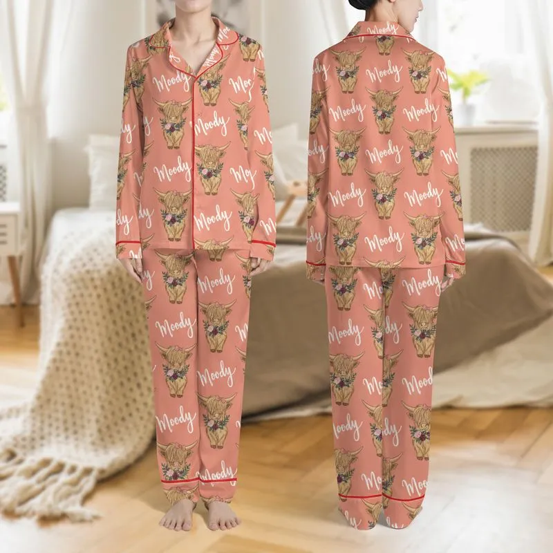 Women's Whimsical Highland Cow, Dusty Rose Floral, & 'Moody' Script on Soft Coral Satin Pajamas Set - 1