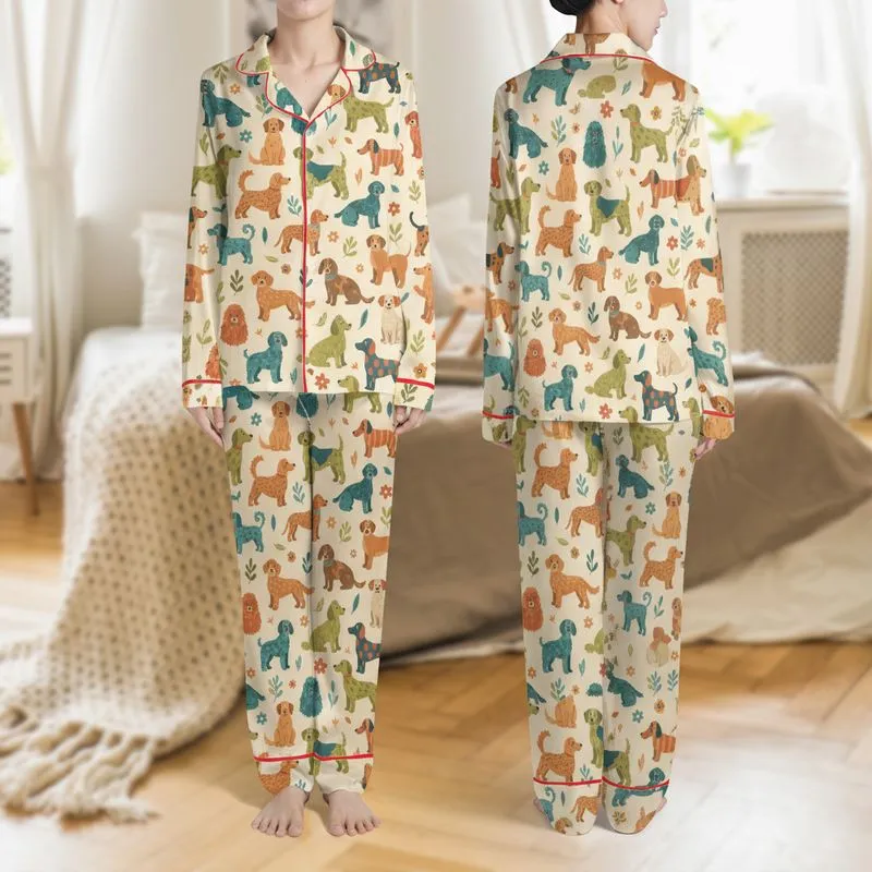 Women's Whimsical Golden Retriever Dachshund Poodle Floral Repeating Pattern Cream Teal Orange Satin Pajamas Set - 1