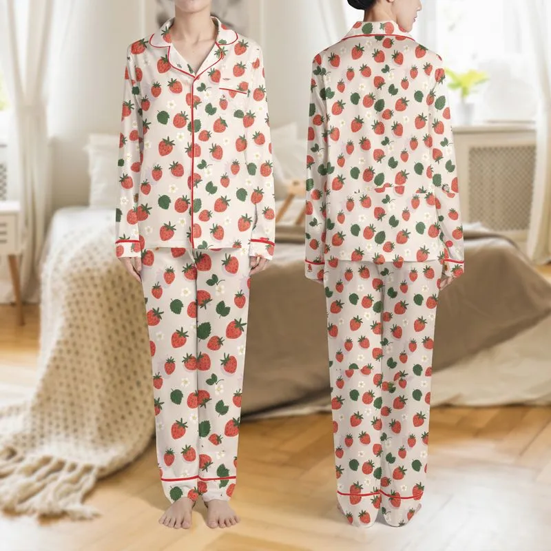 Women's Cream Pink Whimsical Scattered Red Strawberry Blossom & Leaf Pattern Satin Pajamas Set - 1