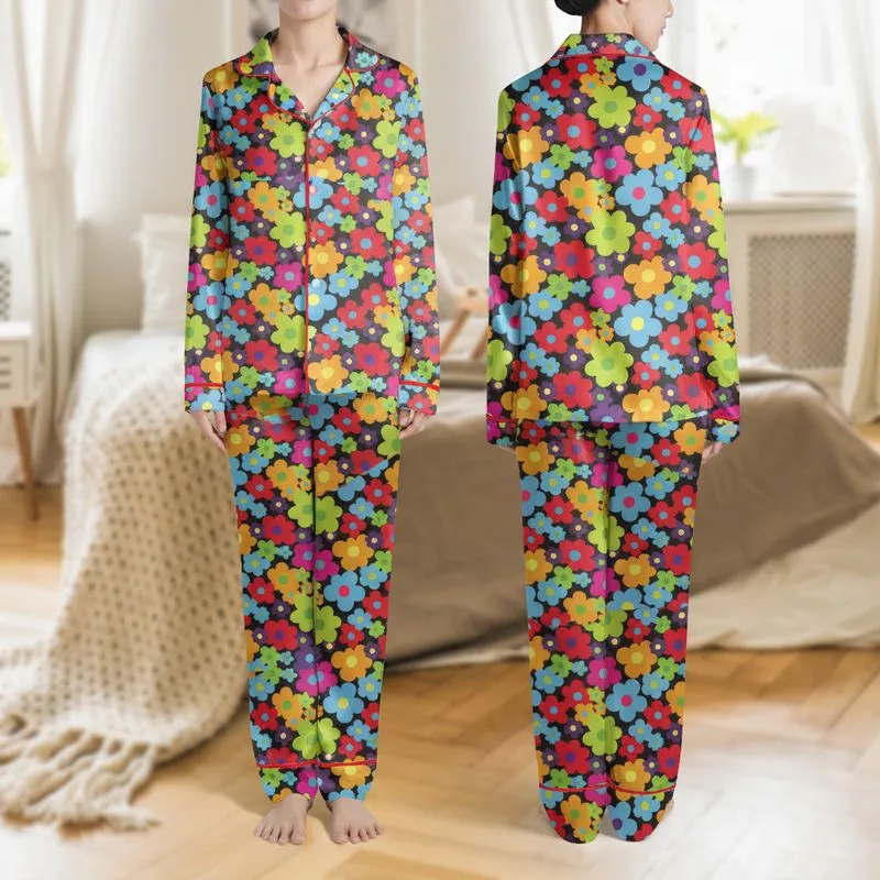 Women's Vibrant Multi-Color Flat Graphic Floral Design on Black with Contrasting Dot Centers Satin Pajamas Set - 1