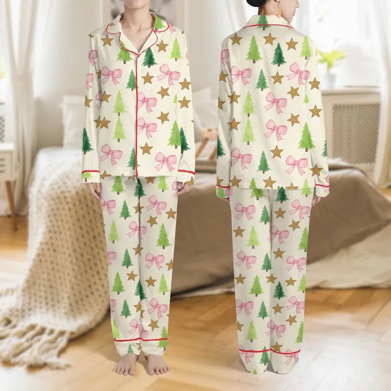 Women's Illustrative Watercolor Green Tree, Bubblegum Pink Bow, Golden Glitter Star Cream Pattern Satin Pajamas Set - 1