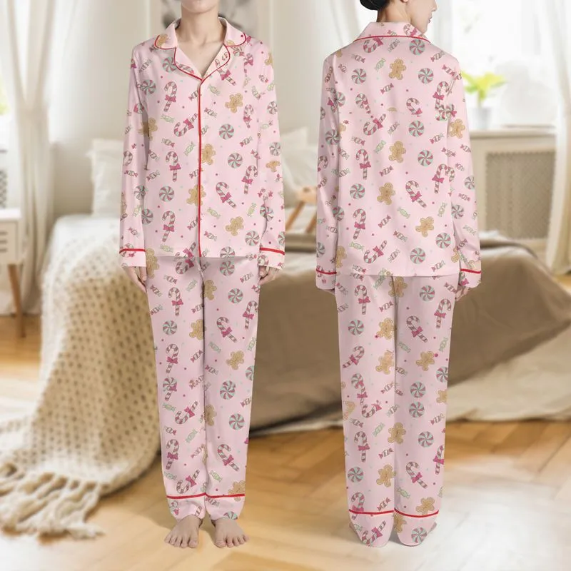 Women's Seamless Light Pink Whimsical Fuchsia Mint Green Candy Cane Peppermint Gingerbread Pattern Satin Pajamas Set - 1