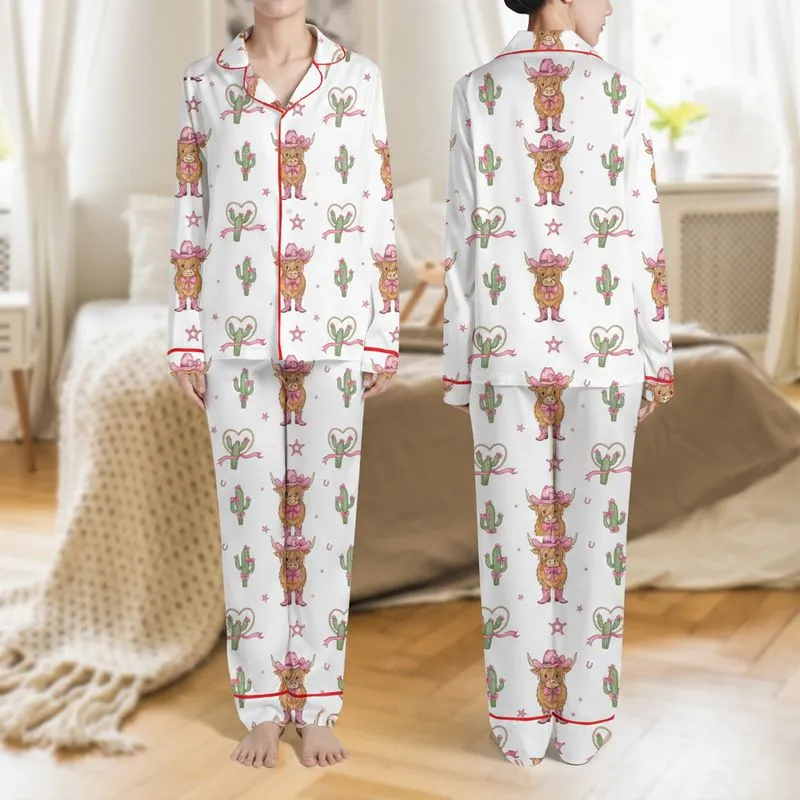 Women's Whimsical Bubblegum Pink Bow Highland Cow Cactus & Sheriff Star All-Over Pattern Satin Pajamas Set - 1