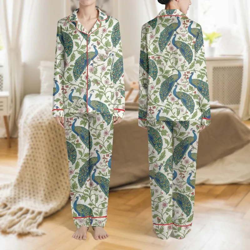 Women's Sapphire Teal Emerald Peacock Chintz Floral Botanical Tapestry Pattern Satin Pajamas Set - 1