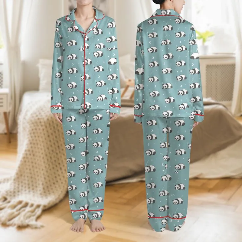 Panda Lovers' Whimsical Muted Teal Sleeping Panda ZzZ Starry Pattern Satin Pajamas Set - 1