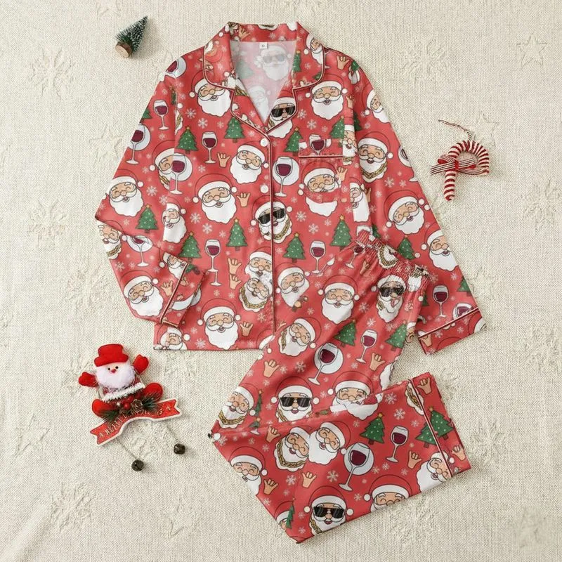 Women's Playful Cartoon Cool Santa Shades Gold Chain Tree Wine White Red Pattern Satin Pajamas Set - 1
