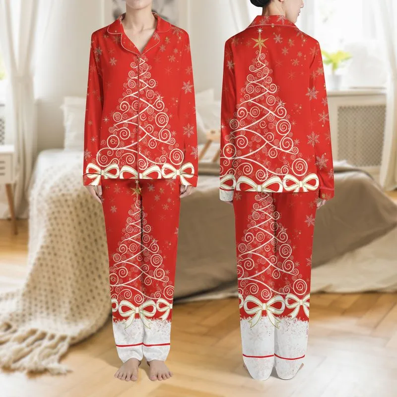 Women's Vivid Red Elegant Christmas Tree Gold Filigree Swirls White Snowdrift Design Satin Pajamas Set - 1