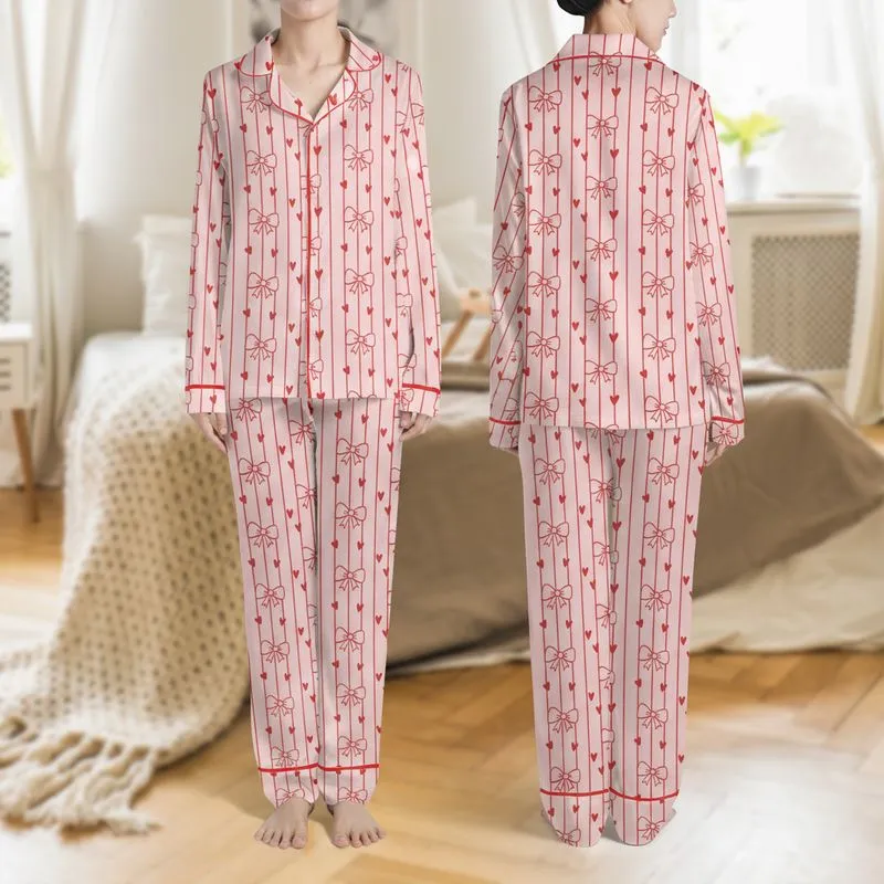 Women's Light Pastel Pink Ruby Red Hand-Drawn Vertical Stripe Bow Heart Design Satin Pajamas Set - 1