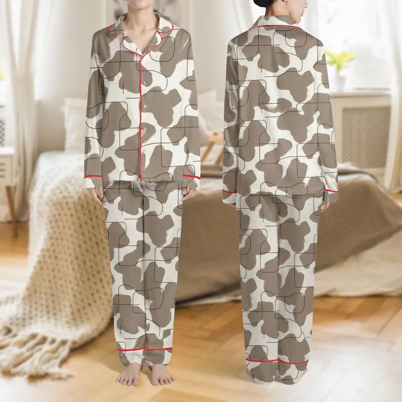 Women's Taupe Off-White Abstract Organic Soft-Edge Shapes & Espresso Crisp Geometric Lines Satin Pajamas Set - 1