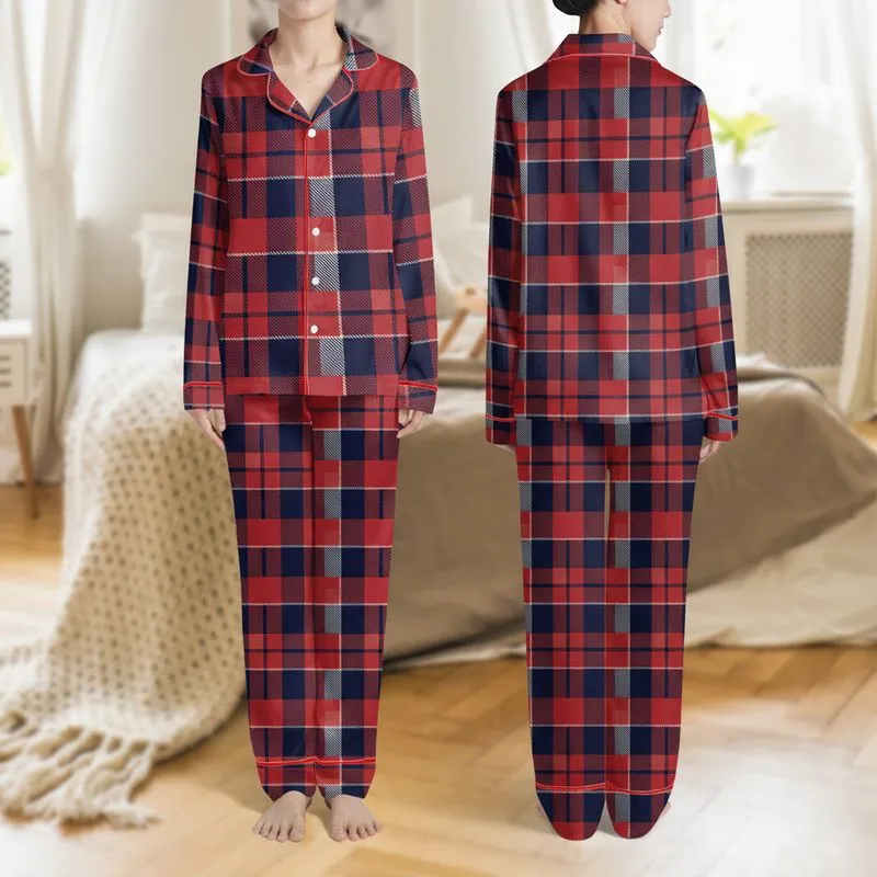 Women's Deep Navy Red Tartan Grid Pattern with White and Subtle Dark Red Lines Satin Pajamas Set - 1