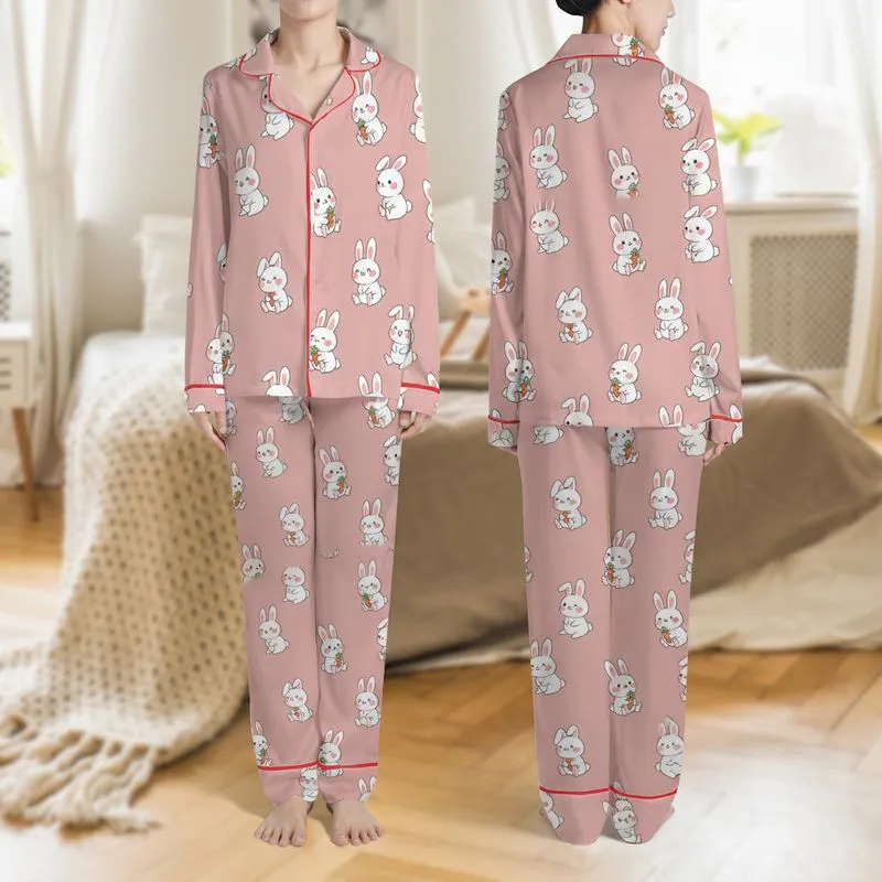 Women's Kawaii White Bunnies Holding Orange Carrots Repeating Pattern on Soft Rosy Pink Satin Pajamas Set - 1