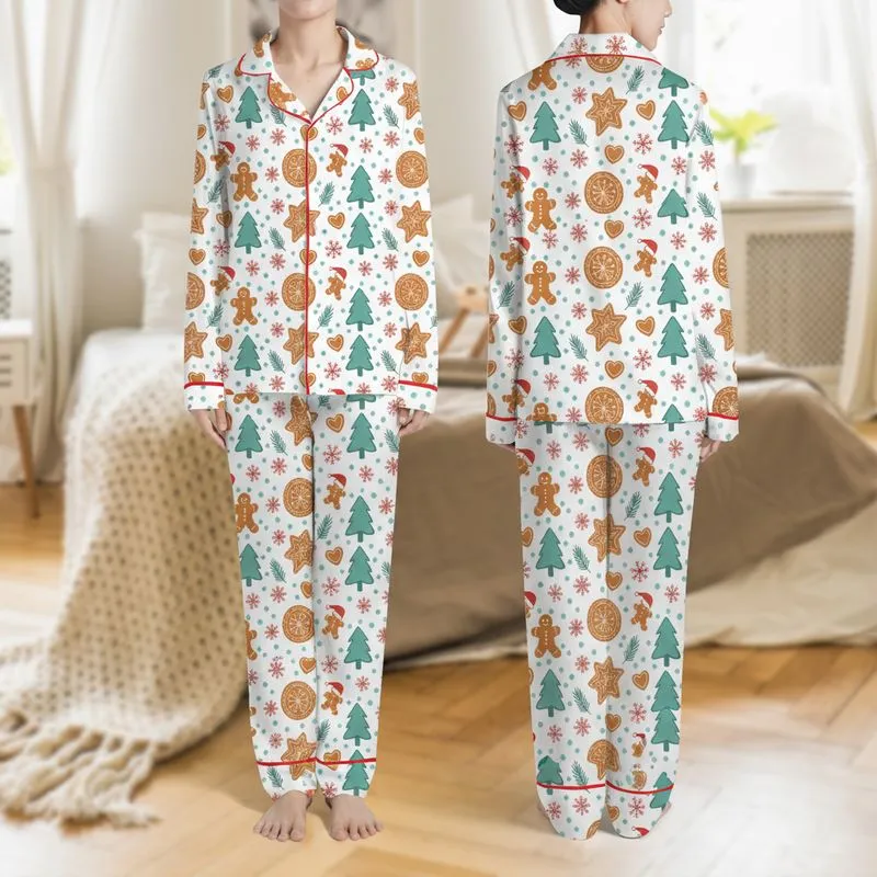 Women's Whimsical Gingerbread Men, Teal Trees, Red Snowflakes & Blue Dot Holiday Print Satin Pajamas Set - 1