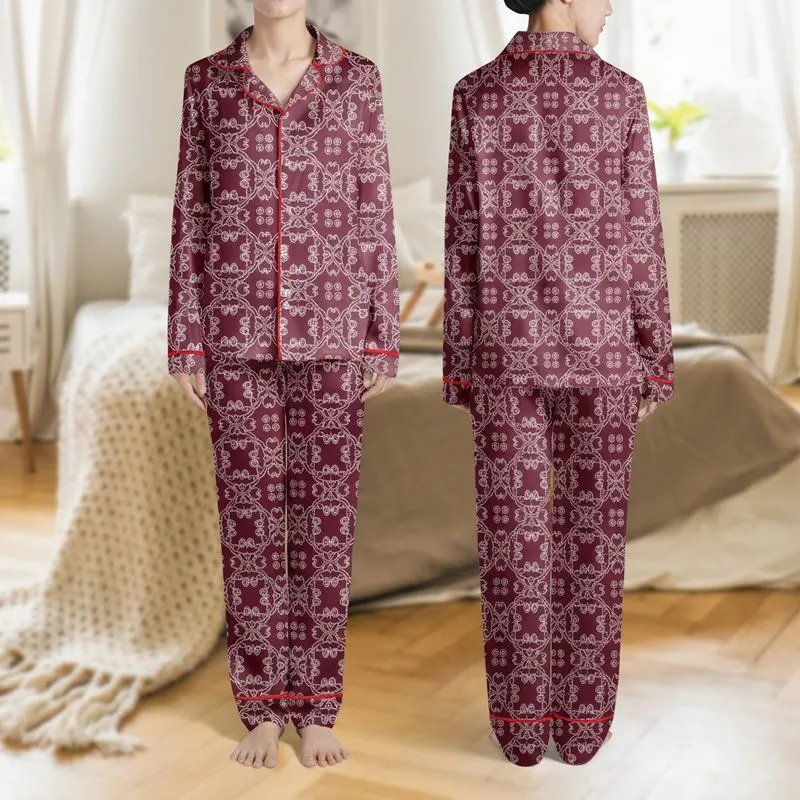 Elegance Lovers' Deep Burgundy White Interlocking Geometric Scrollwork Quatrefoil Pattern Satin Pajamas Set - 1