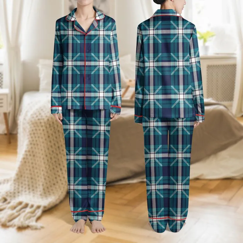 Women's Classic Navy Teal Aqua White Intricate Plaid Grid Pattern Satin Pajamas Set - 1