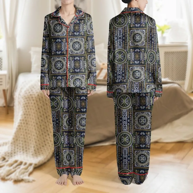 Set of 3 Women's Folk Tribal Pattern Long Pants: Midnight Blue Taupe Green, All Seasons - 1