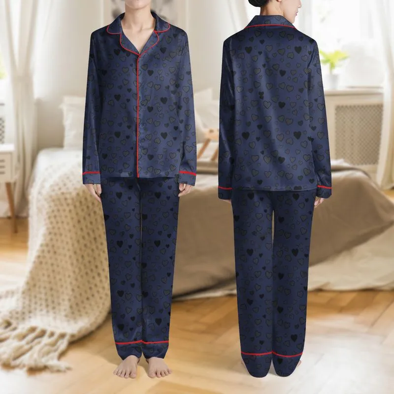 Women's Navy Blue Charcoal Gray Monochromatic Scattered Solid & Outline Hearts Pattern Satin Pajamas Set - 1