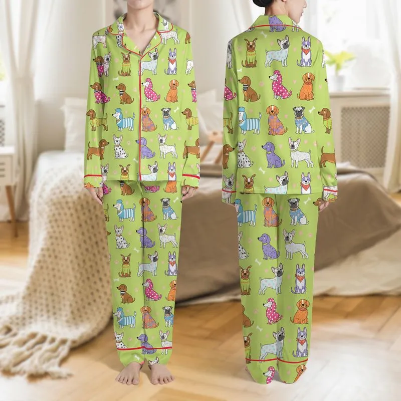 Women's Playful Dog Breeds Polka Dots Stripes Lime Green Hot Pink Hearts Illustrative Pattern Satin Pajamas Set - 1