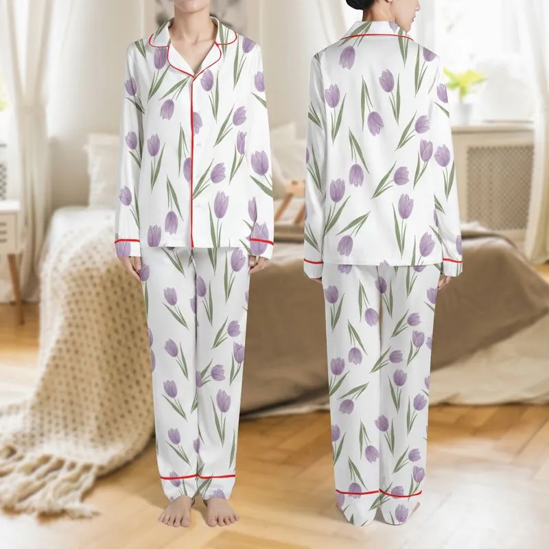 Women's Hand-Drawn Muted Lavender Tulip Floral Olive Leaf Botanical Pattern on White Satin Pajamas Set - 1