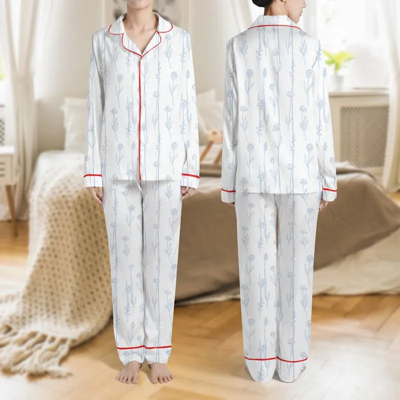 Women's Soft Sky Blue Vertical Stripe Hand-Drawn Botanical Pattern on White Satin Pajamas Set - 1