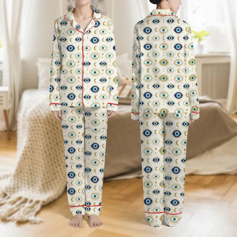 Women's Mystical Eye Amulet, Turquoise Gold Celestial Moons Stars & Radiating Lines Pattern Satin Pajamas Set - 1