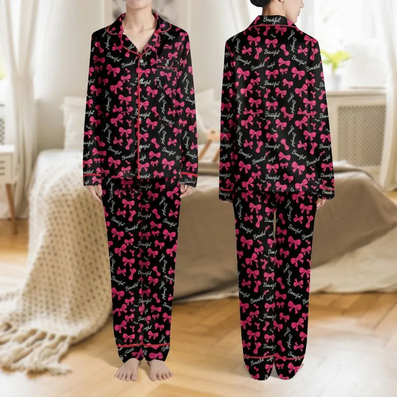 Women's Elegant Fuchsia Bow & White Script 'Beautiful' Black Pattern Satin Pajamas Set - 1