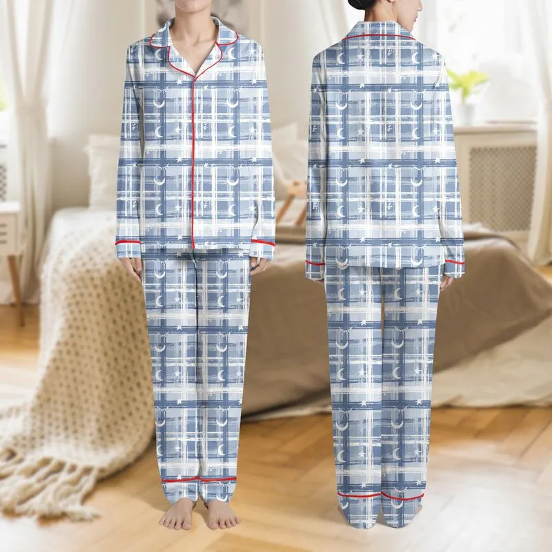 Women's Dusty Blue Plaid Whimsical Dreamy Eye Moon Star Pattern Satin Pajamas Set - 1