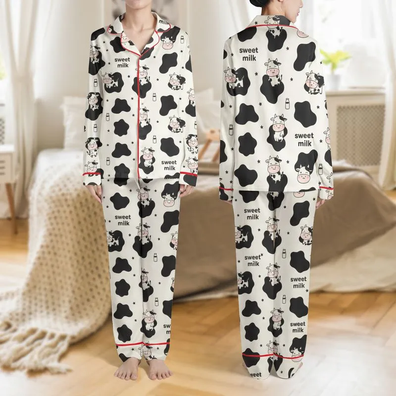 Women's Whimsical Creamy White Cow Spot, Pink-Cheeked Calf & Sweet Milk Pattern Satin Pajamas Set - 1