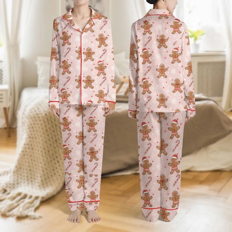 Women's Pale Pink Whimsical Gingerbread Men Red White Candy Cane Snowflakes All-Over Print Satin Pajamas Set - 1