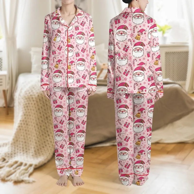 Women's Cute Cartoon Christmas Santa Reindeer Elves Fuchsia Pink Pattern Satin Pajamas Set - 1