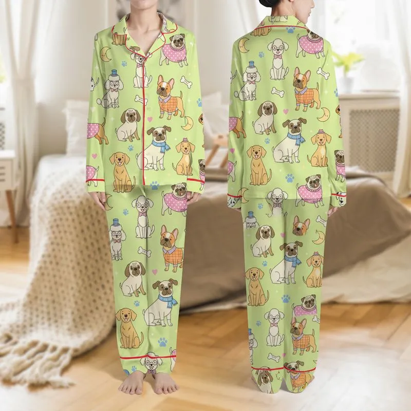 Dog Lovers' Whimsical Cartoon Dog Breeds with Sweaters & Bow Ties, Pastel Lime Green & Pink Polka Dots Satin Pajamas Set - 1