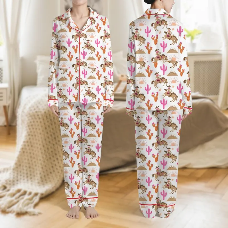 Women's Whimsical Tan Brown Rodeo Cowboys Bucking Broncos Pink Heart Saguaro Cactus Desert Pattern Satin Pajamas Set - 1