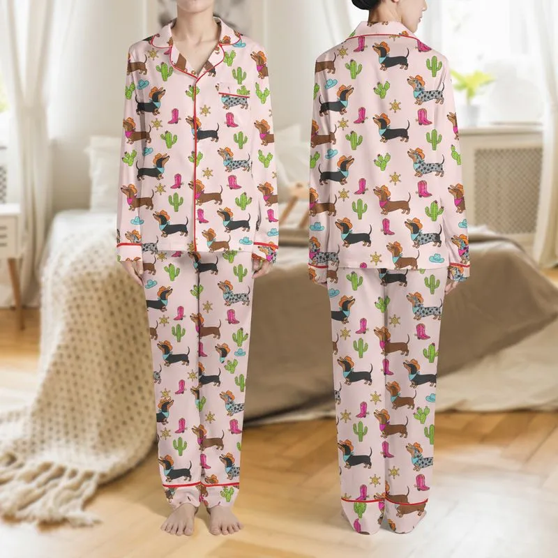 Women's Whimsical Western Dachshunds Pale Pink Orange Hats Green Cacti Pink Boots Repeat Design Satin Pajamas Set - 1