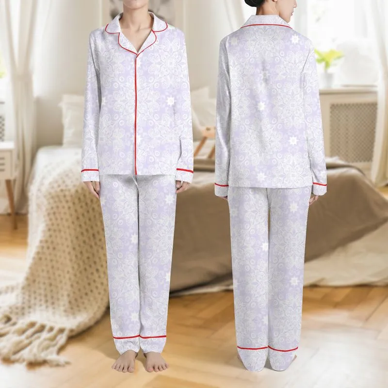 Women's Pastel Lavender Creamy White Delicate Stylized Lace Abstract Botanical Seamless Print Satin Pajamas Set - 1