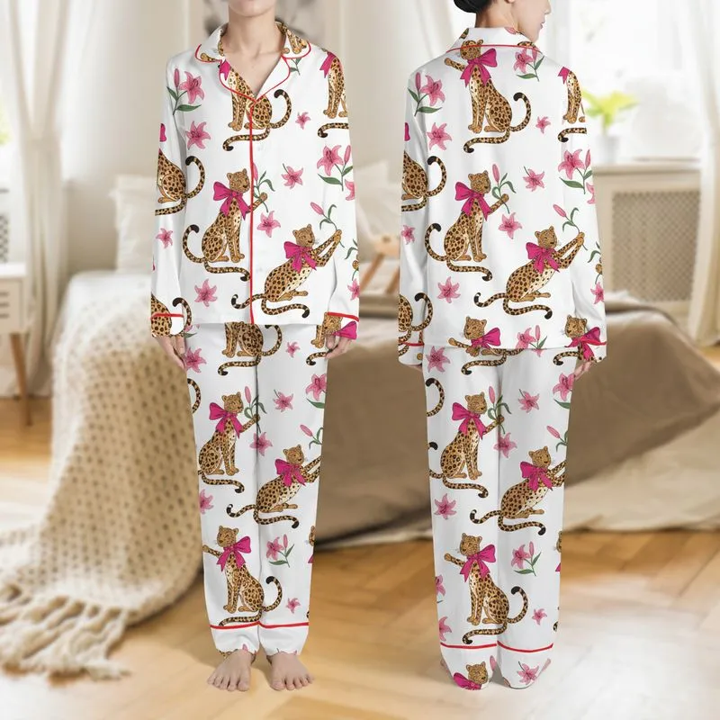 Women's Elegant Brown Leopard Pink Bow Fuchsia Lily Botanical Pattern Satin Pajamas Set - 1