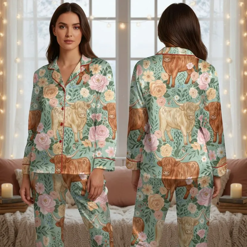 Women's Whimsical Highland Cow Watercolor Peony Rose Botanical Mint Green Blush Pink Peach Pattern Satin Pajamas Set - 1