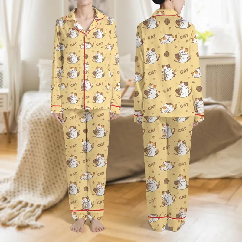 Cat Lovers' Kawaii Calico Cats Boba Tea Yarn Play Napping Pattern Muted Yellow Taupe Satin Pajamas Set - 1