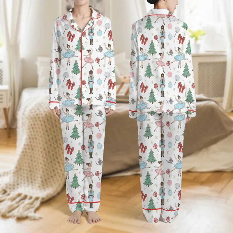 Women's Whimsical Hand-Drawn Nutcracker Ballet Pattern with Ballerinas, Soldiers, Trees, and Lollipops in Pastel Blue, Pink, Red, Gold Satin Pajamas Set - 1